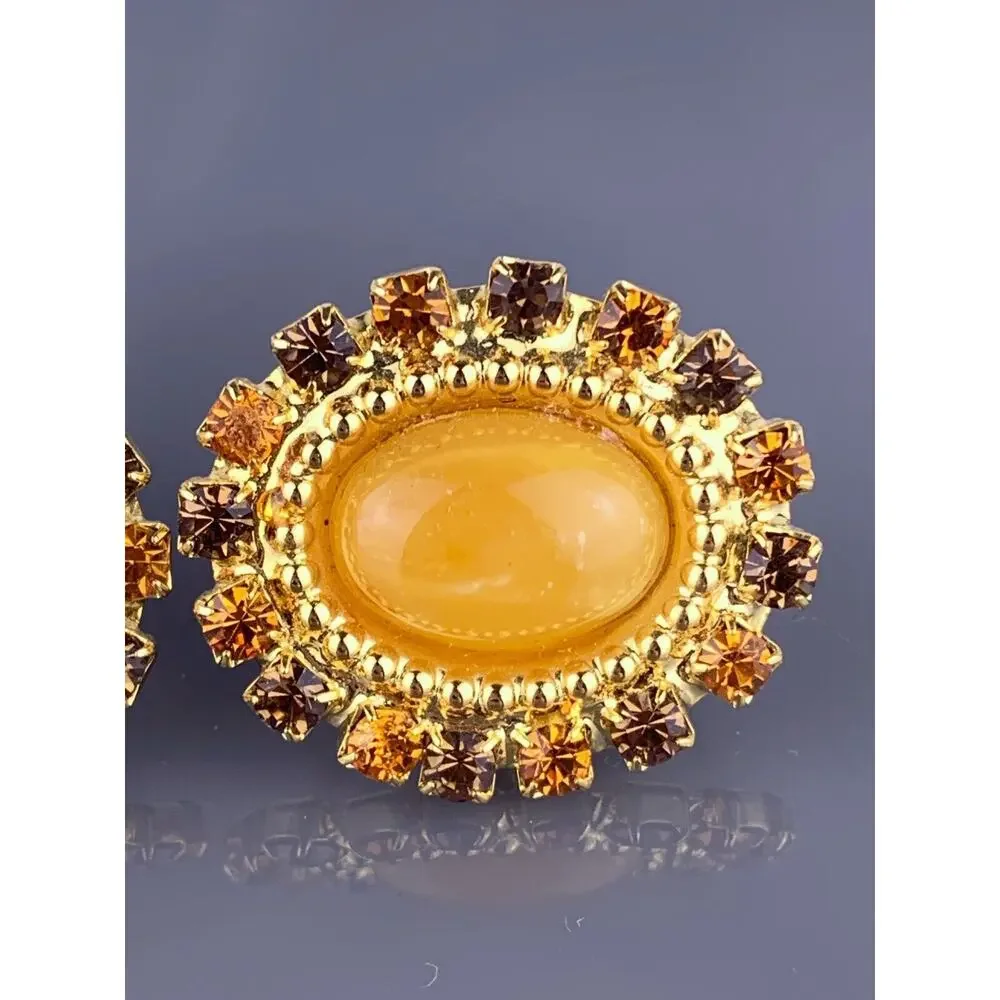 Large Yellow Carnelian Cabochon Cufflinks Gold Tone Rhinestones Orange Brown VTG